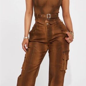 Top Priority Coated Cargo Denim Joggers - Brown